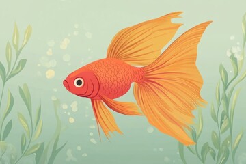 Fototapeta premium A Single Orange Fish with Long Flowing Fins Swimming Through Green Plants and Bubbles