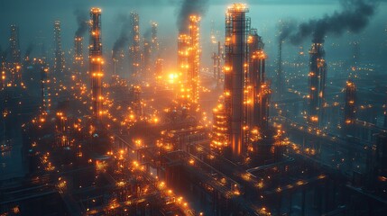 The green industry concept merges a futuristic factory design with eco-friendly elements in a glowing polygonal style.