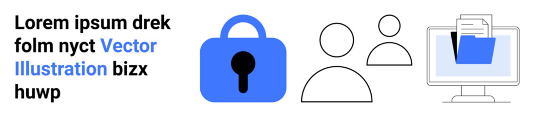 Lock icon emphasizing security, group icon representing users, and monitor with document file symbolizing file sharing. Ideal for data protection, teamwork, online storage, privacy, cybersecurity