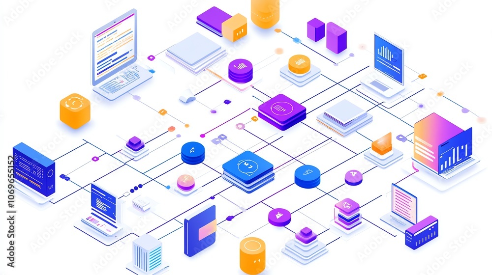 Poster An isometric illustration of a network of interconnected data, servers, computers, and applications representing a data processing system with colorful lines and icons.
