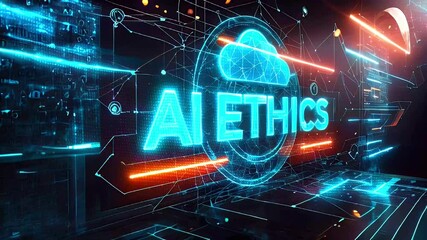 AI Ethics concept with glowing blue text and a cloud symbol on a futuristic digital network background. - Powered by Adobe