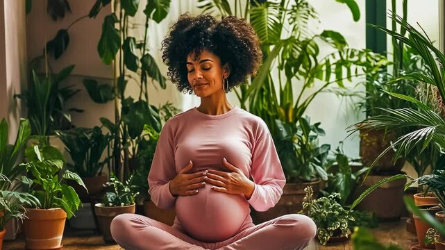A Black pregnant woman peacefully meditates in a serene, plant-filled room. Her attire suggests a comfortable, home setting during the day, promoting wellness.