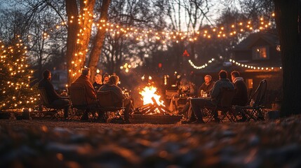 backyard Christmas party with twinkling lights, holiday music, and friends gathered around a fire pit, sharing festive drinks and laughter.