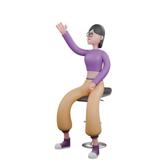 Vibrant Dancer Cartoon 3D Model. a female dancer is sitting on a bar stool with her right hand raised upwards while her left hand is on her thigh. Animated Performer