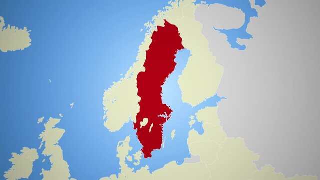 4K animation zooming into Sweden on Europe map for world geography exploration