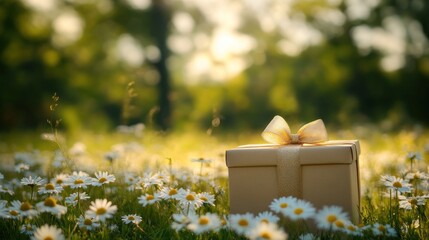 A gift box adorned with a bow, resting among blooming daisies in a sunlit field.