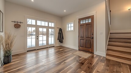 Obraz premium The welcoming entryway features a bright foyer with white walls, a dark walnut door, light-colored hardwood floors, and a coat rack creating a friendly, open atmosphere.