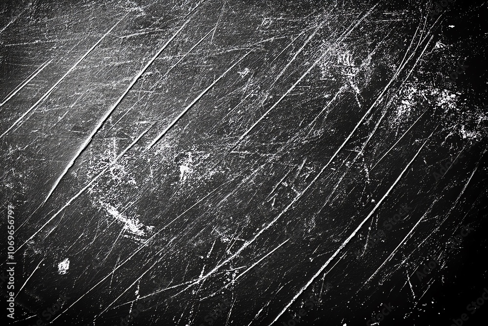 Poster Black and white scratched texture background with diagonal lines.