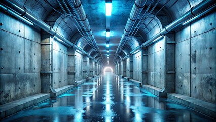 Obraz premium A long concrete corridor with a wet reflective floor and a distant bright light at the end.