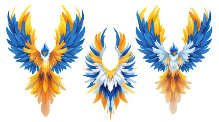 Fototapeta premium Brightly Colored Flying Birds With Blue and Yellow Feathers Isolated Generative AI