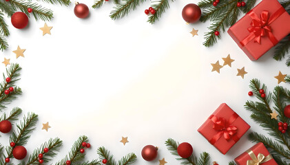 A festive flat lay scene featuring a creative frame of Christmas fir branches, sparkling confetti, vibrant red decorations, and colorful gift boxes, evoking the magic of Christmas and New Year celebra