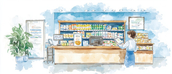 A charming illustration of a store interior featuring shelves stocked with various products and a clerk attending to customers in a warm, inviting atmosphere.