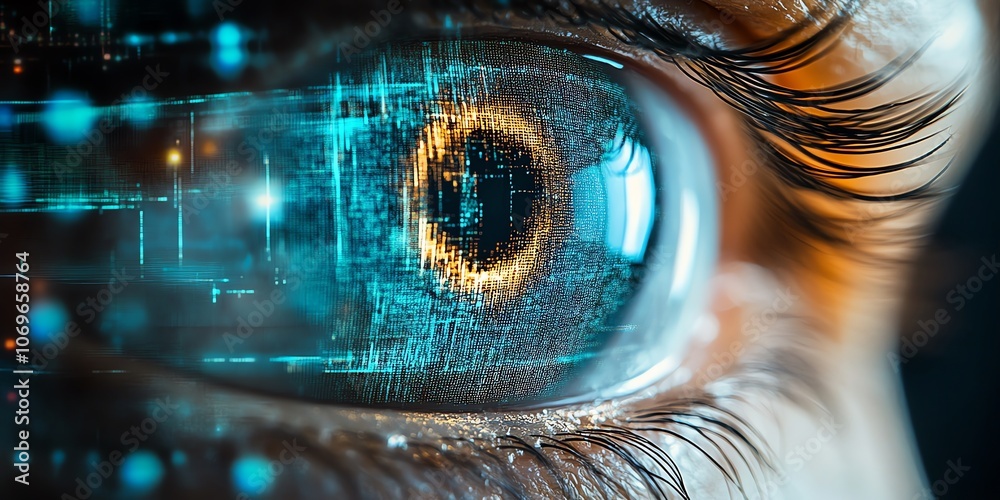 Poster close up of a human eye with digital data reflected in the pupil.