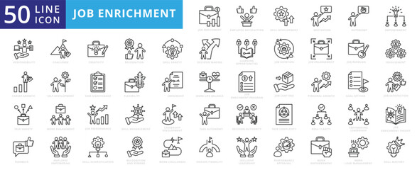 Job enrichment icon set with employee, satisfaction, skill development, motivation, autonomy, empowerment, responsibility, career growth, task variety, feedback, challenge, and creativity