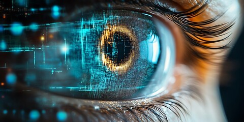 Close up of a human eye with digital data reflected in the pupil.