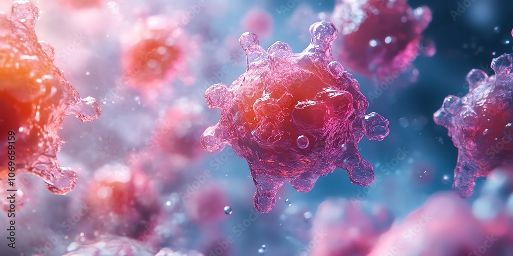 Poster close-up microscopic view of pink and red cells.