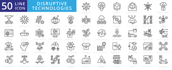 Disruptive technologies icon set with ai, innovation, blockchain, augmented reality, internet of things, machine learning, 3d printing, quantum computing, autonomous vehicle, and biotechnology