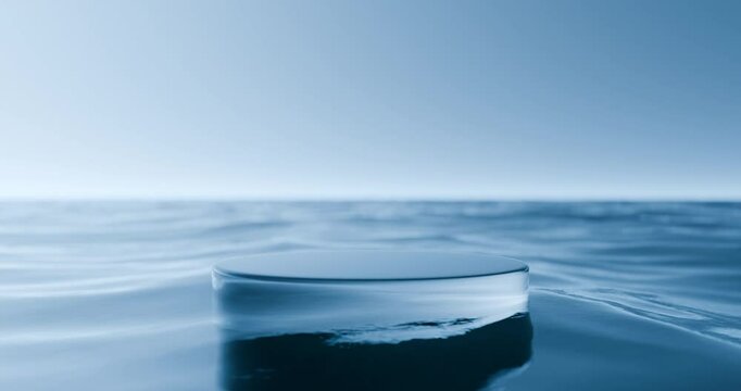 Glass podium on wave beach and blue sky abstract background. Copy space for product presentation. 3d render.	