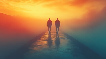 Two men take surreal paths in different directions, symbolizing divergence in life.