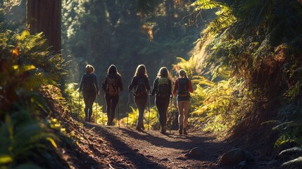 Friends Hiking in Redwood Forest