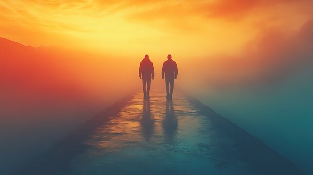 Two men take surreal paths in different directions, symbolizing divergence in life.