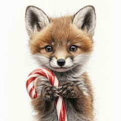 Obraz premium Adorable baby fox embraces holiday spirit with candy cane in clean white background for festive cheer
