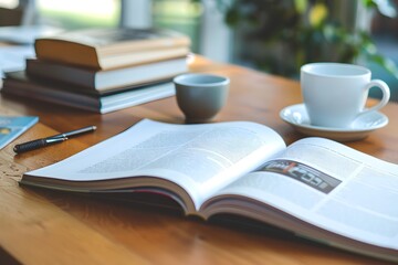 Magazine mockup on a desk, open to a vibrant double-page spread for showcasing engaging content.