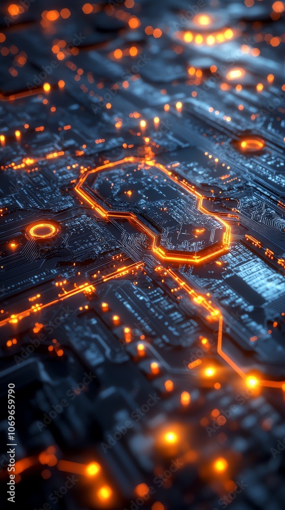 Poster close-up of a glowing circuit board with orange lights.