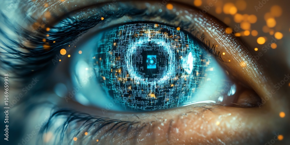 Poster close-up of a human eye with a digital sphere of data and code in the iris.