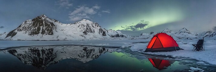 Red tent on a frozen lake in front of mountains and the aurora borealis.