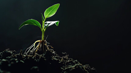 Detailed Macro of Sprout with Roots and Leaves in Spotlight