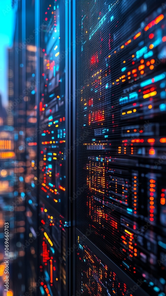 Aufkleber Close-up of a server rack with glowing lights and data flowing through it in a modern data center.