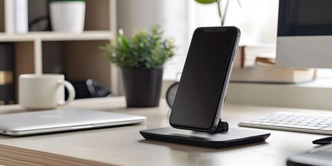 Fototapeta premium Portable smartphone scan stand on a desk, ideal for displaying advanced workspace technology.