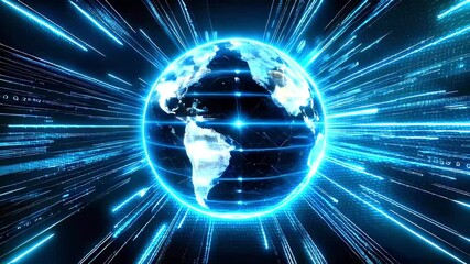 A futuristic digital globe with blue lines radiating outward on a black background, symbolizing global connectivity and communication.