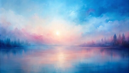 Fototapeta premium A Misty Sunrise Over a Serene Still Water Lake Reflecting the Soft Pastel Hues of the Dawn Sky