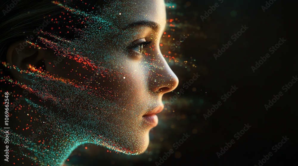 Poster Close-up profile of a woman's face with colorful particles flowing through it.