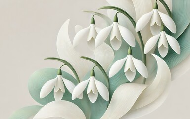 Graceful Snowdrop Blooms in Elegant White and Green with Flowing Leaf Patterns