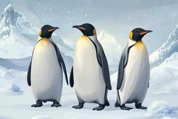 Fototapeta premium Three Emperor Penguins Standing on Snow in Front of Snowy Mountains