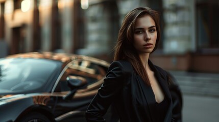 Fototapeta premium Beautiful businesswoman in suit standing and posing next to luxury black sports car,