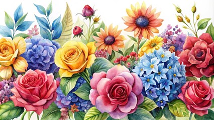 Fototapeta premium A Watercolor Tapestry of Blooms, Including Roses, Sunflowers, Hydrangeas, and Delicate Flowers in Vibrant Hues