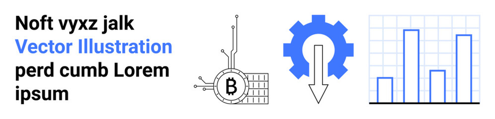 Bitcoin circuit, gear with down arrow, bar graph, and text. Ideal for financial technology, blockchain, cryptocurrency, data analytics, business growth, digital marketing, and economic trend