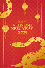 Chinese new year 2025 background year of the snake/ Poster design. Chinese pattern with red and golden colors. Beautiful golden snake