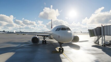 Airplane waits at the gate under a clear sky