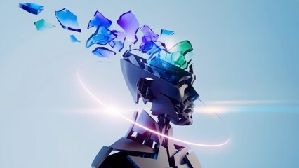 Obraz premium Human head 3D rendered with shards of glass exploding outward symbolize artificial consciousness emergence. Abstract technology concept