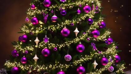 A majestic Christmas tree adorned with vibrant purple ornaments, garlands, and festive bows, shining brightly amidst a warm ambiance, its branches twinkling with hundreds of soft, dreamy fairy lights 