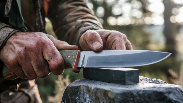 Hunter sharpens his hunting knife on whetstone under bright sunlight. Wilderness preparation concept