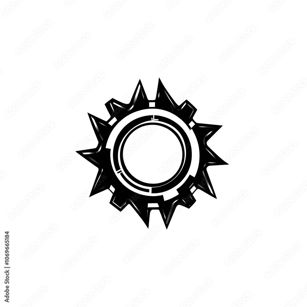 Aufkleber a black and white illustration of a circular gear with sharp teeth.
