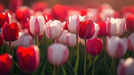 A vibrant field of tulips in shades of red and white, capturing the beauty of nature.