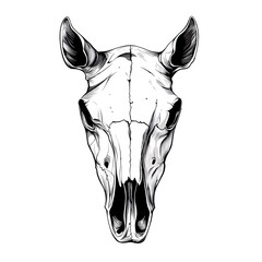 A detailed illustration of a cow skull, drawn in black and white, with a white background.