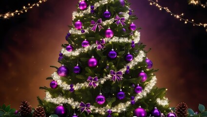 A majestic Christmas tree adorned with vibrant purple ornaments, garlands, and festive bows, shining brightly amidst a warm ambiance, its branches twinkling with hundreds of soft, dreamy fairy lights 